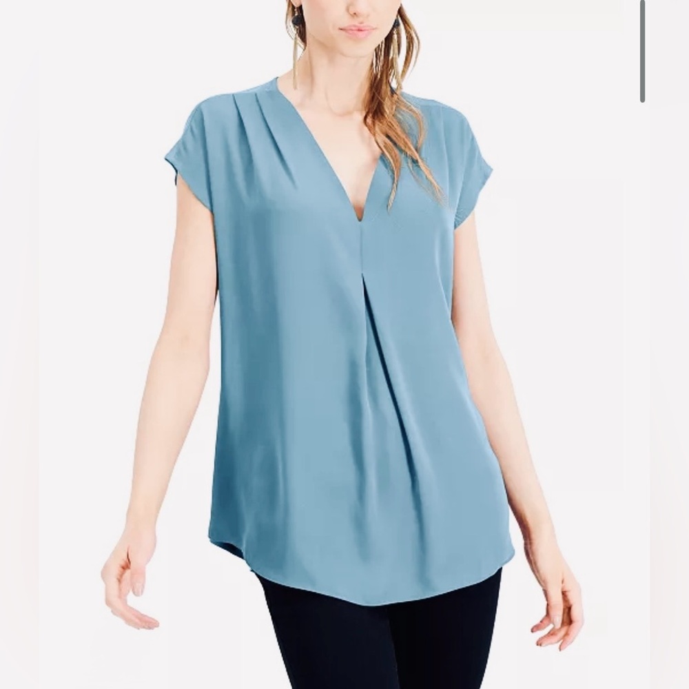 INC Macys Inverted Pleat Shoulder V-Neck Top Baltic Light Blue Stretch Small